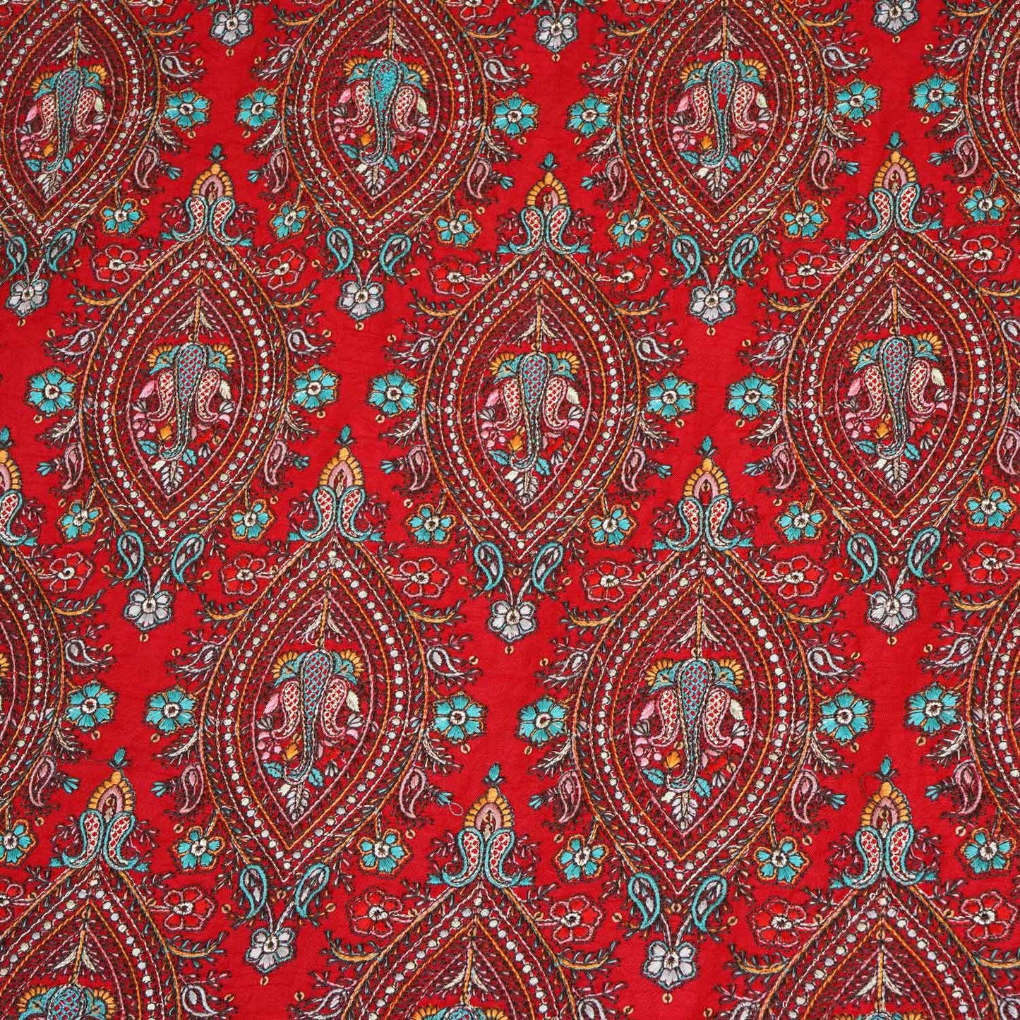 Red Kashmiri Embroidery Raw Silk Fabric DRAJ-28219