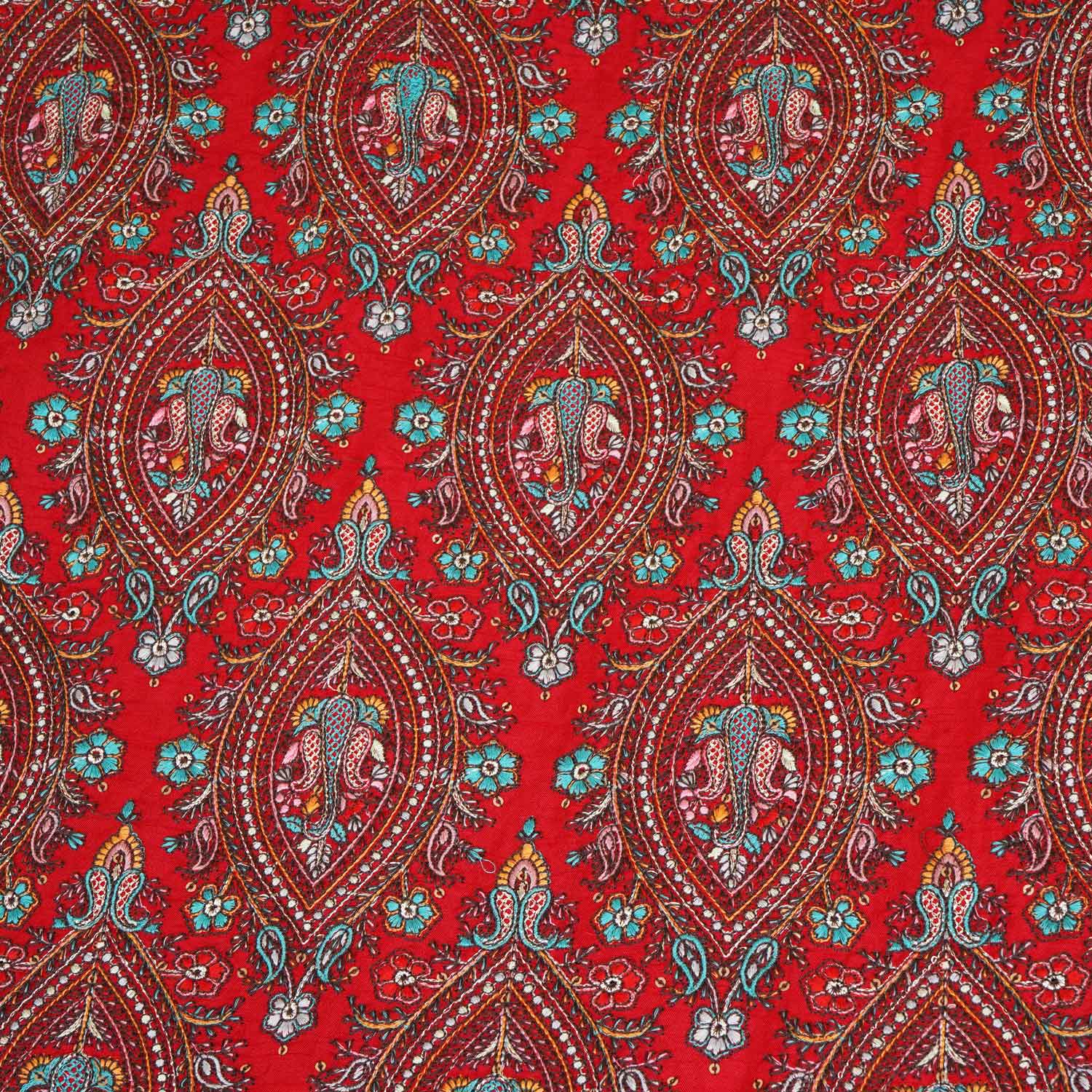Red Kashmiri Embroidery Raw Silk Fabric DR-28219 - TradeUNO