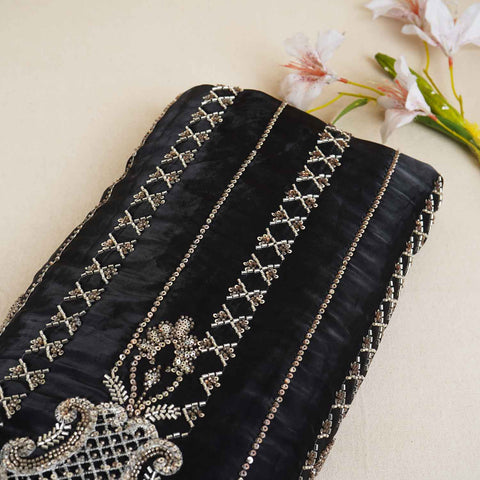 Black Cutdana & Sequins Embroidery Organza Fabric