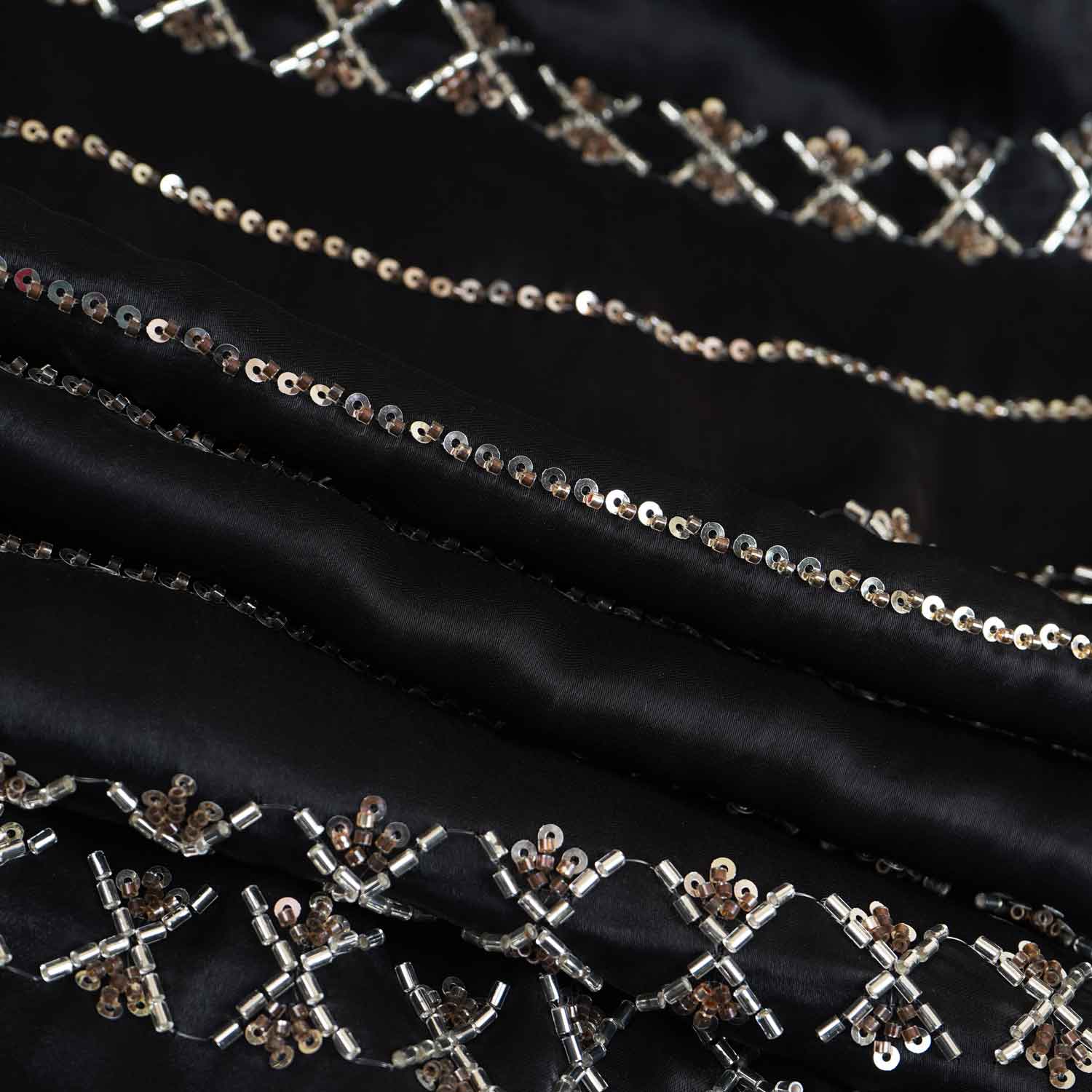 Black Cutdana & Sequins Embroidery Organza Fabric - TradeUNO