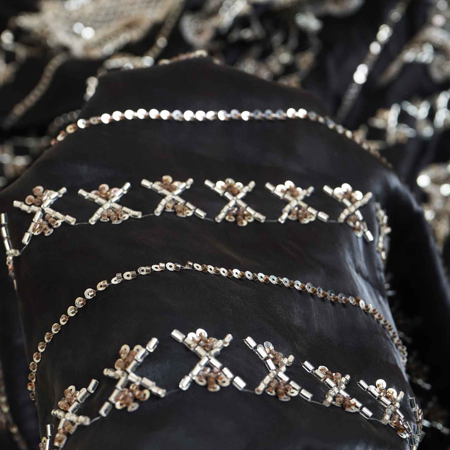 Black Cutdana & Sequins Embroidery Organza Fabric