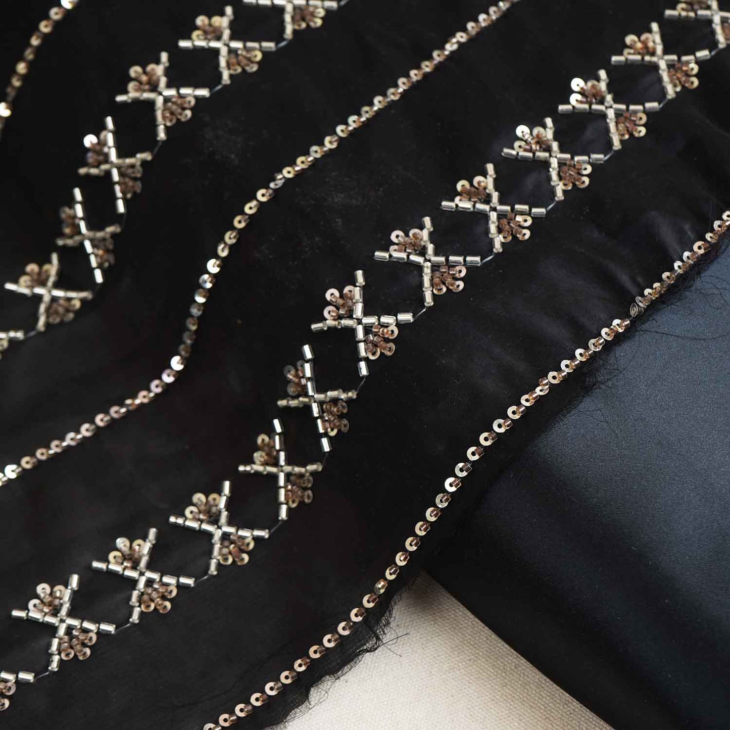 Black Cutdana & Sequins Embroidery Organza Fabric