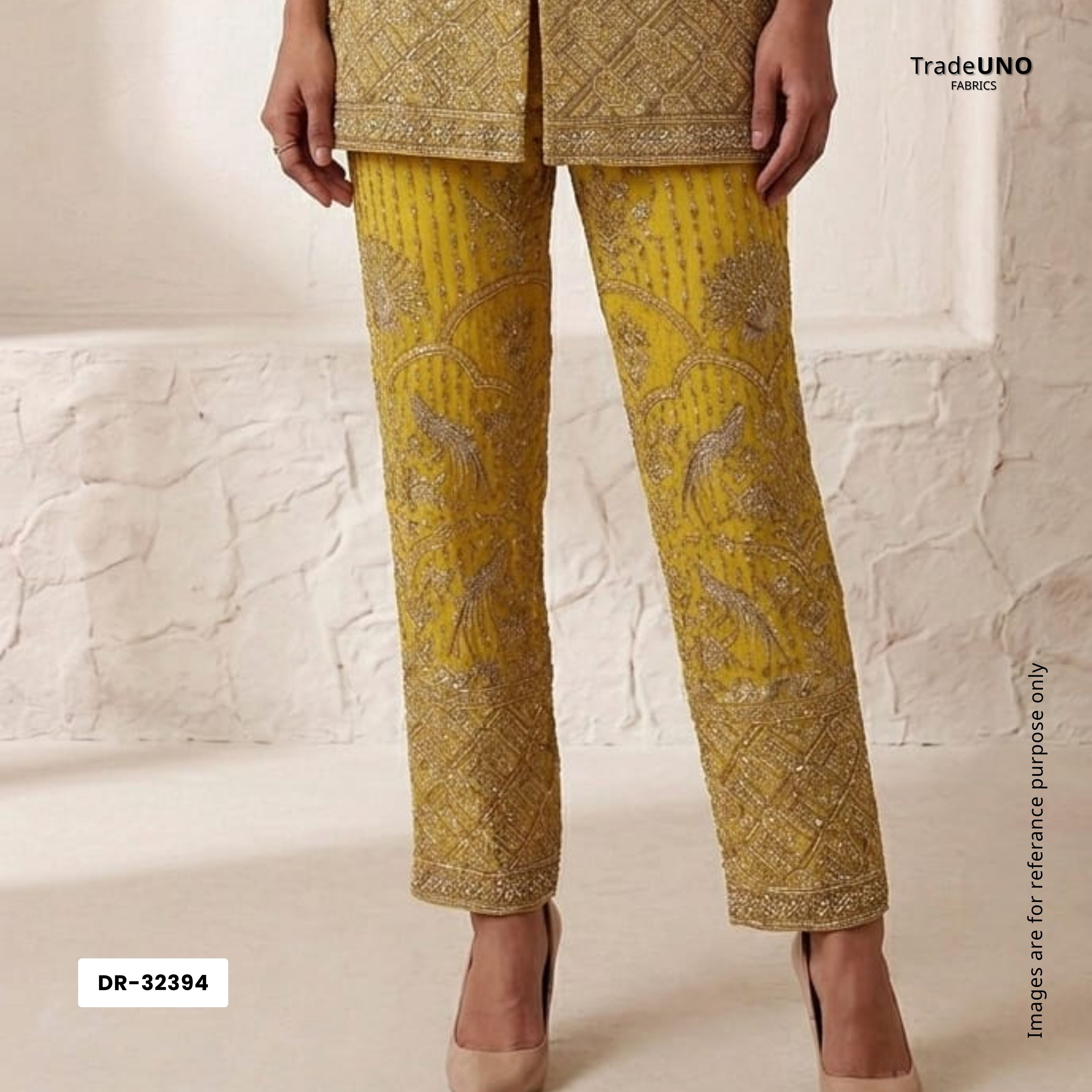 Yellow Mughal Bird & Floral Jaal Embroidery Georgette Fabric DR-32394 - TradeUNO