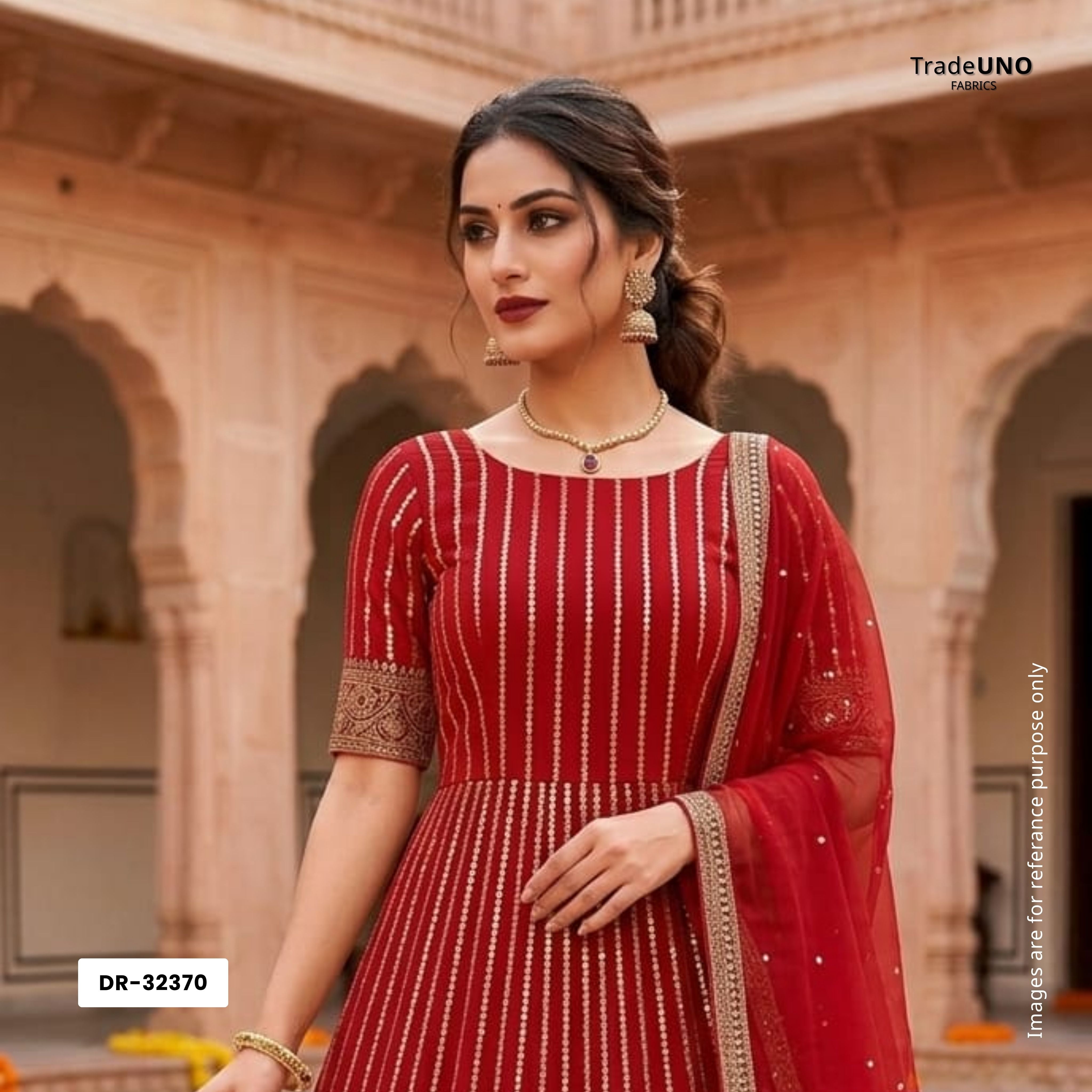 Red Zari Stripes With Sequins Embroidery Georgette Fabric DR-32370 - TradeUNO