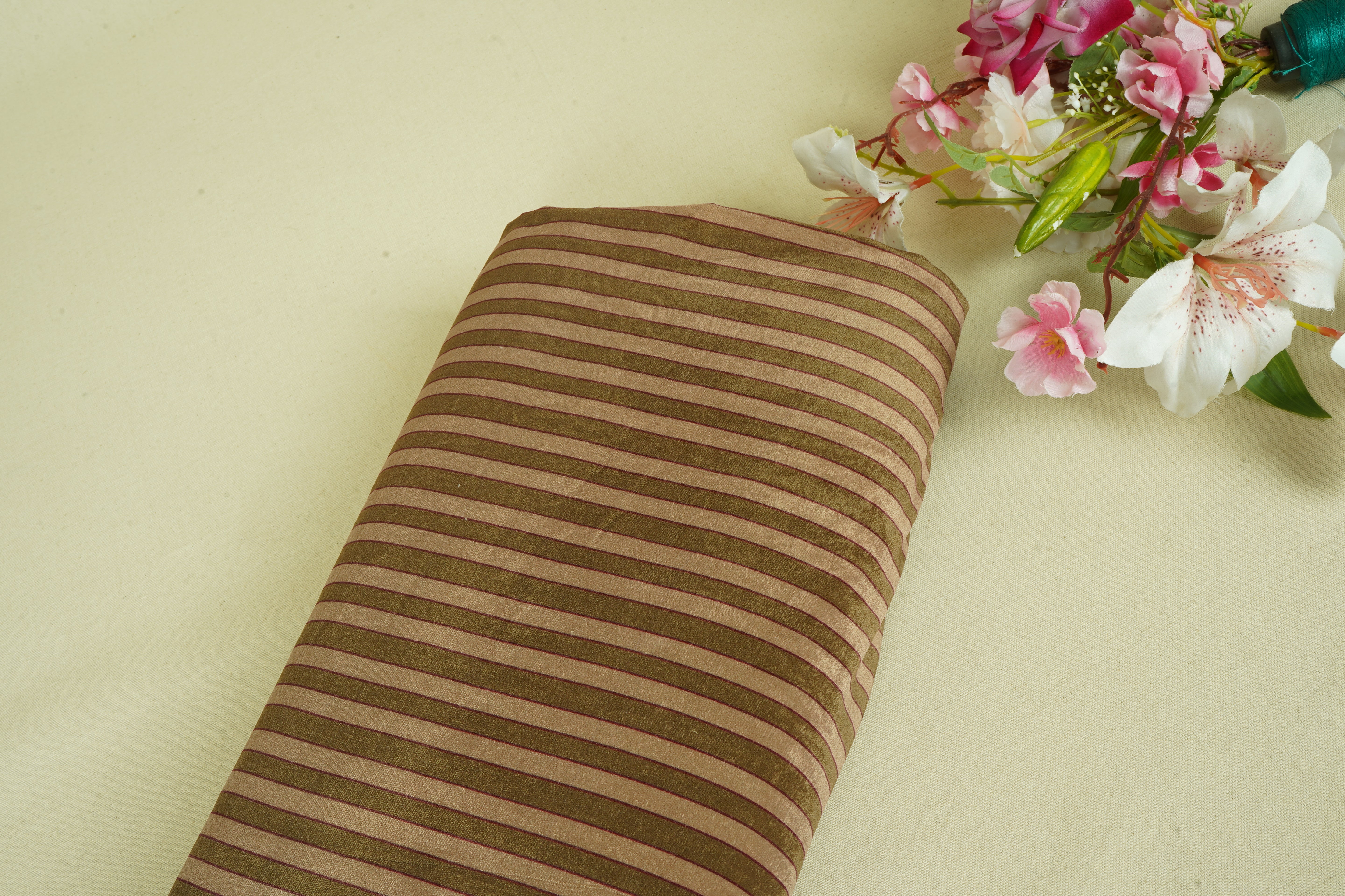 Cream & Green Strips Velvet Fabric MF-28220 - TradeUNO