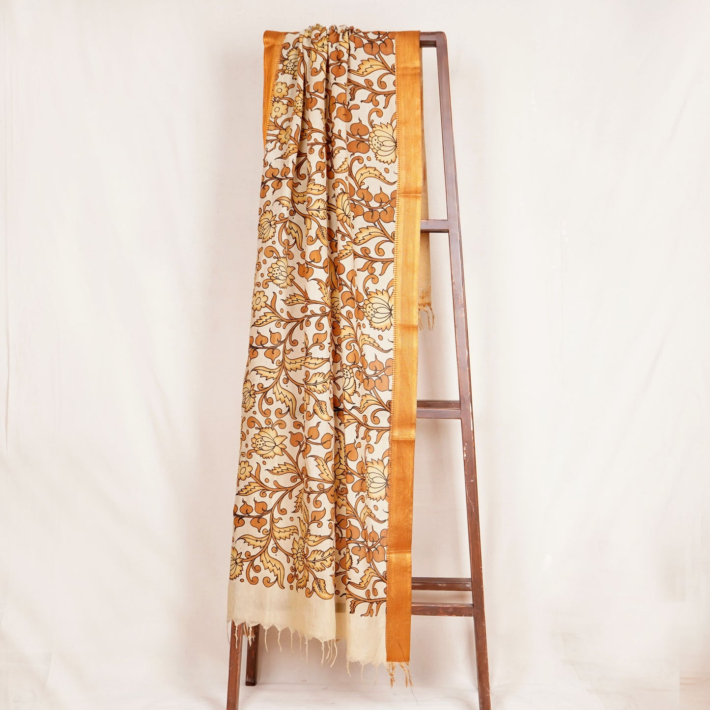 Beige & Brown Pen Kalamkari Cotton Silk Dupatta
