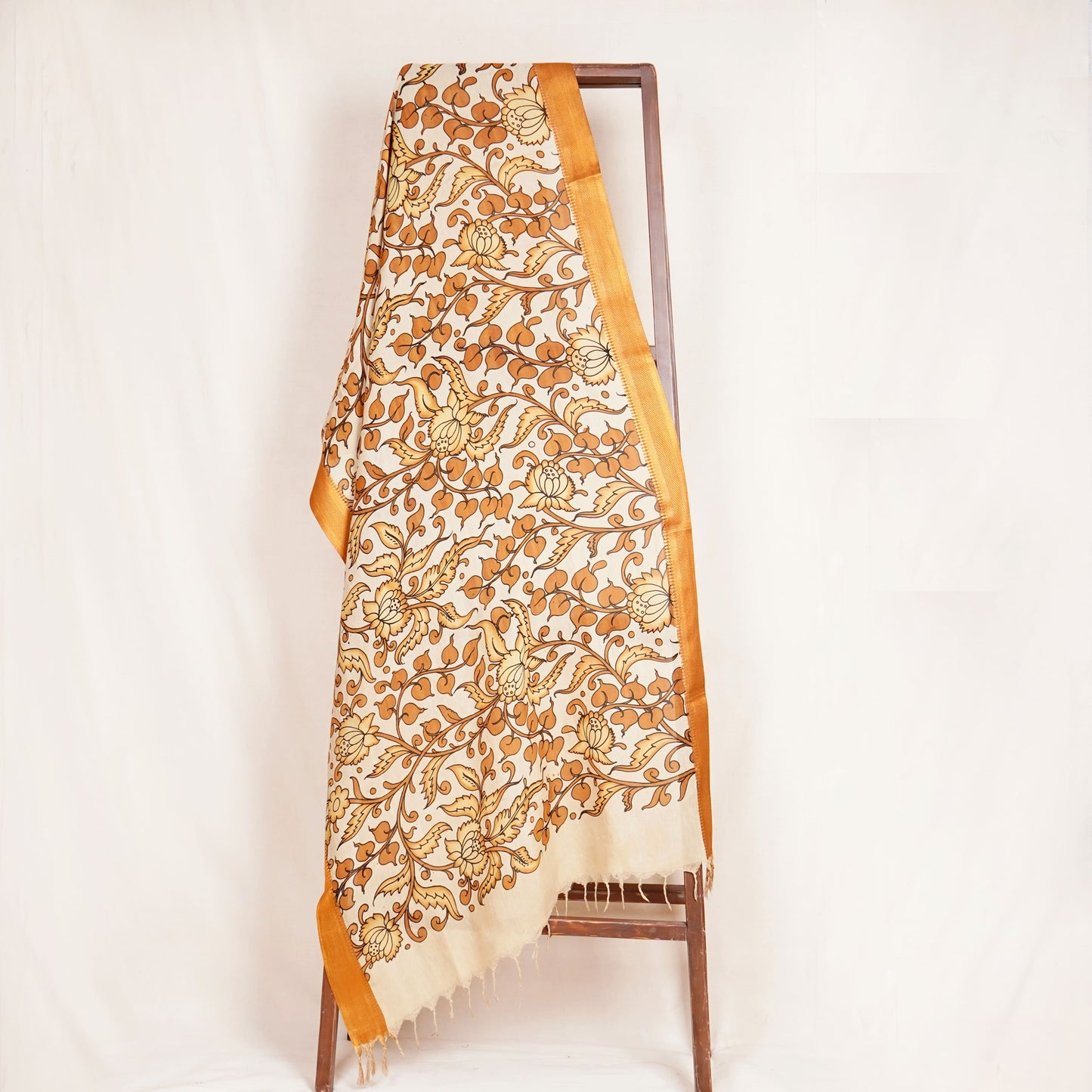 Beige & Brown Pen Kalamkari Cotton Silk Dupatta
