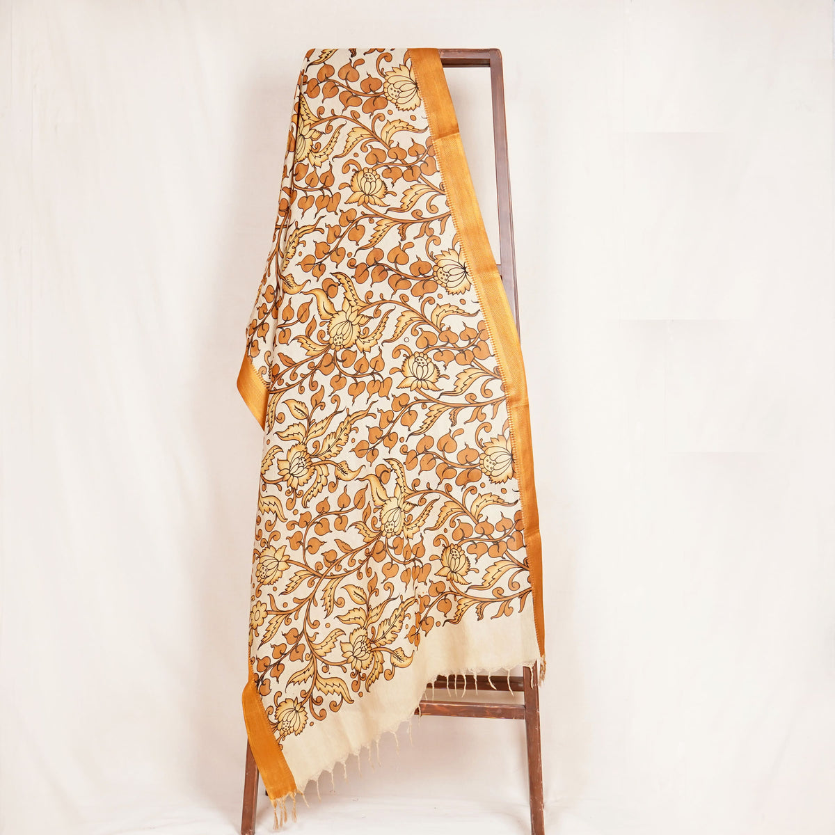 Beige & Brown Pen Kalamkari Cotton Silk Dupatta