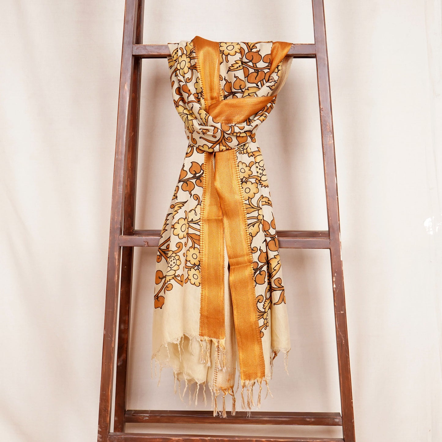 Beige & Brown Pen Kalamkari Cotton Silk Dupatta