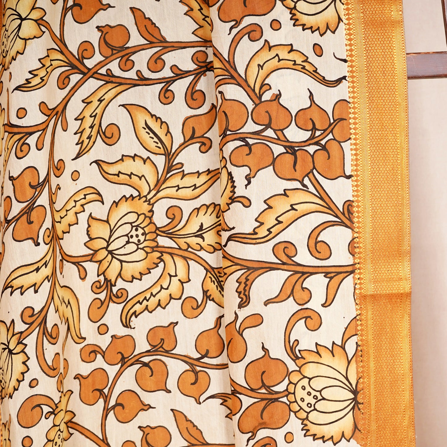 Beige & Brown Pen Kalamkari Cotton Silk Dupatta