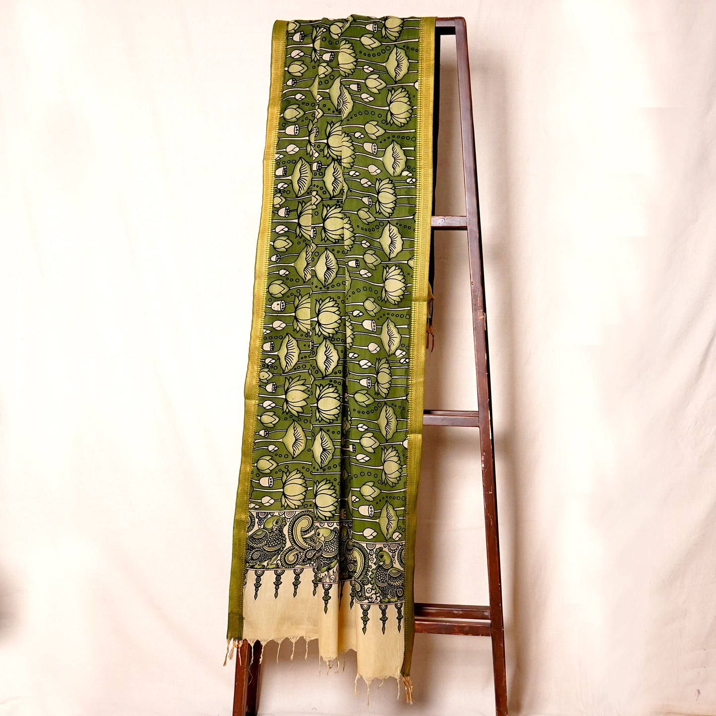 Olive Green Pen Kalamkari Cotton Silk Dupatta