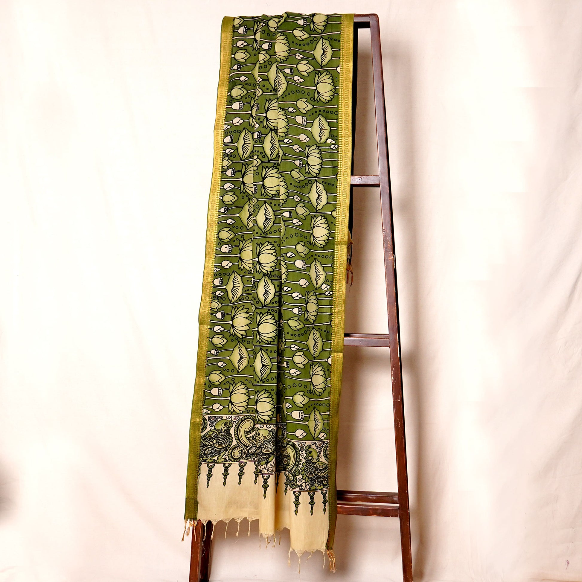 Olive Green Pen Kalamkari Cotton Silk Dupatta