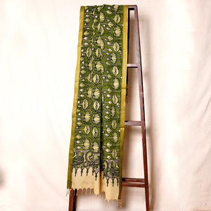 Olive Green Pen Kalamkari Cotton Silk Dupatta