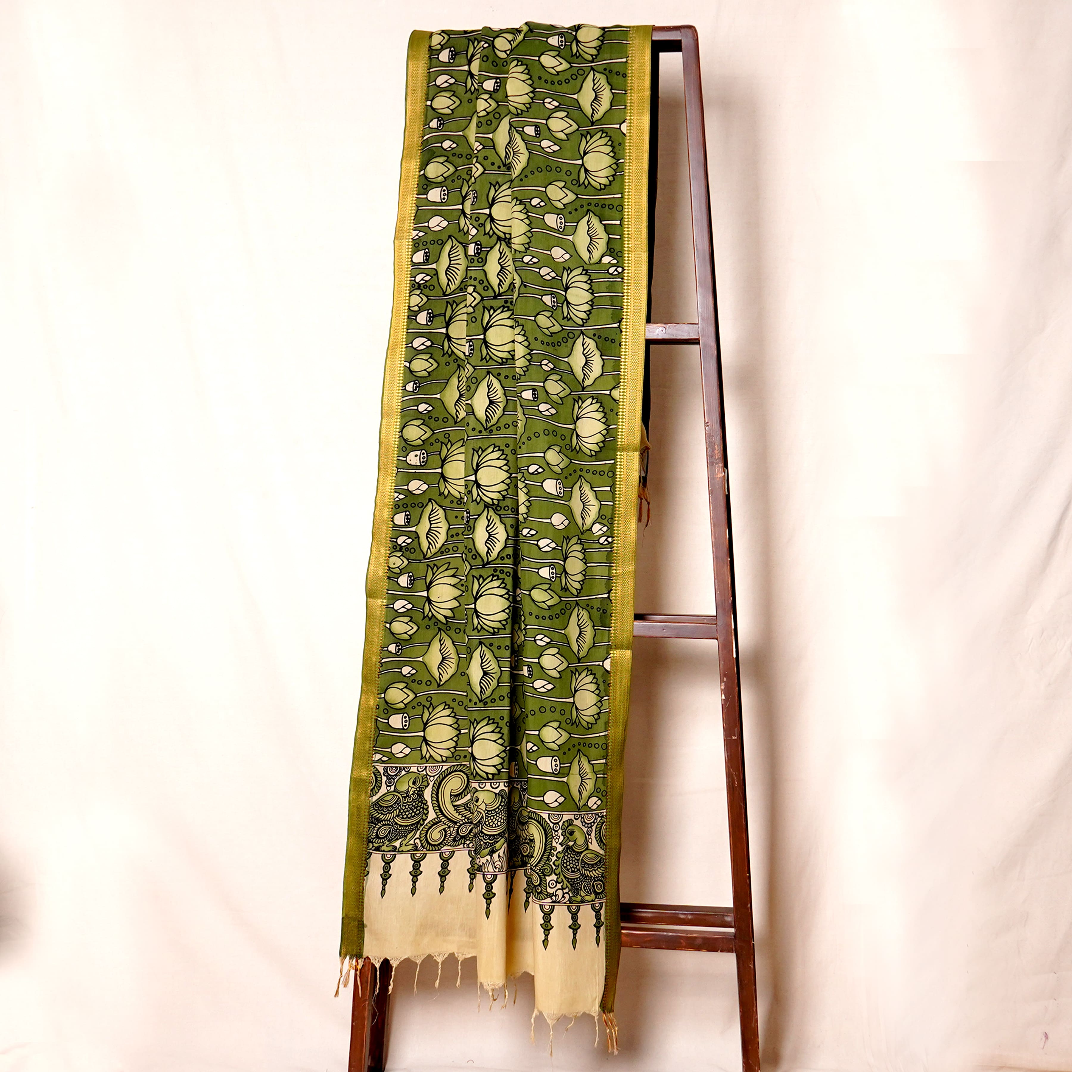 Olive Green Pen Kalamkari Cotton Silk Dupatta