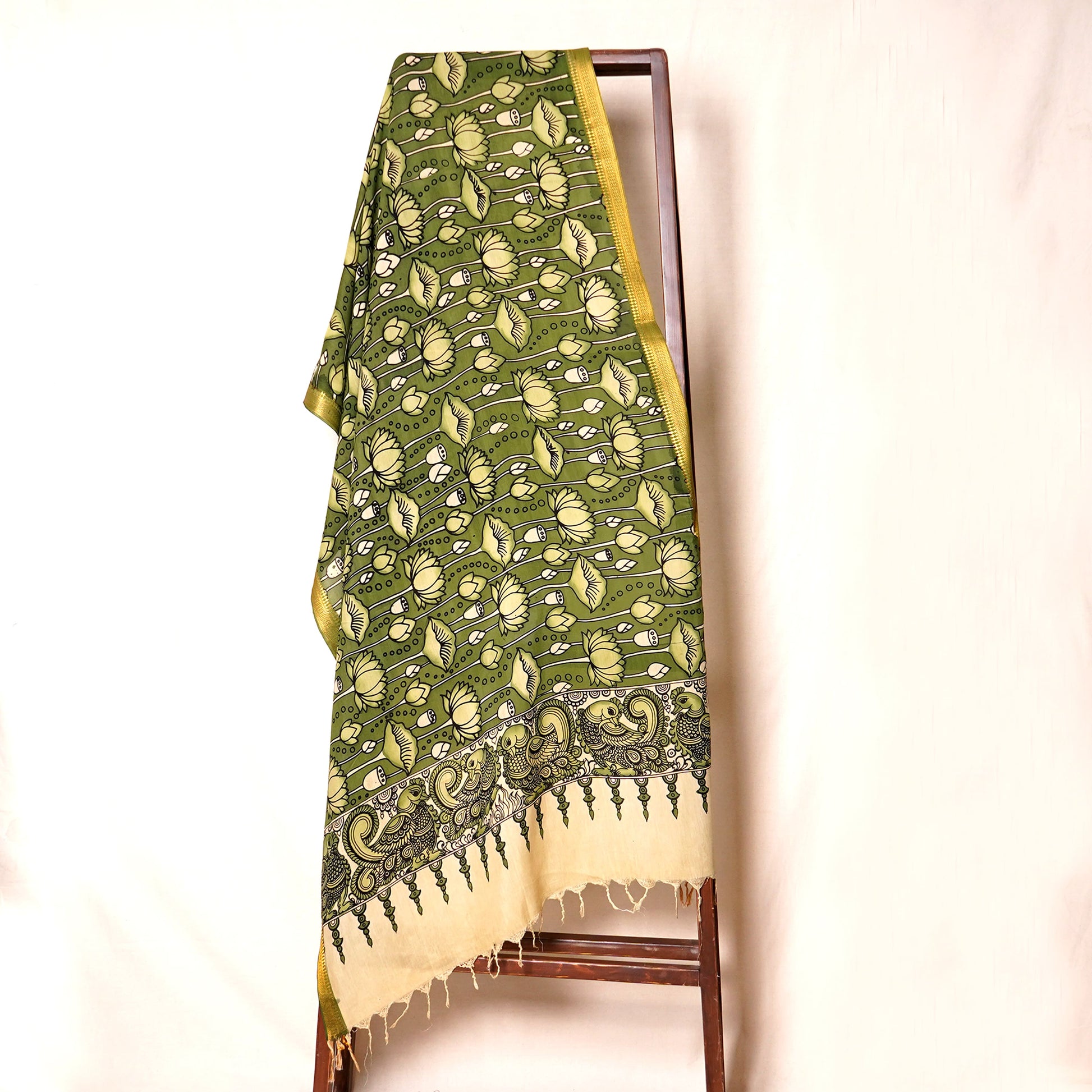 Olive Green Pen Kalamkari Cotton Silk Dupatta