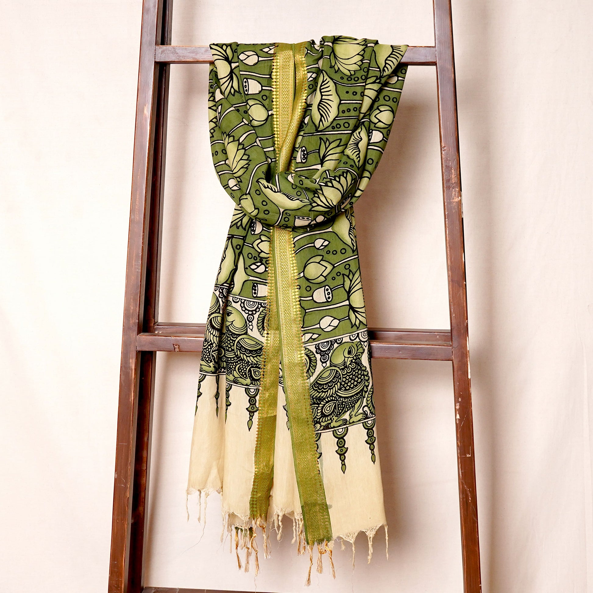 Olive Green Pen Kalamkari Cotton Silk Dupatta
