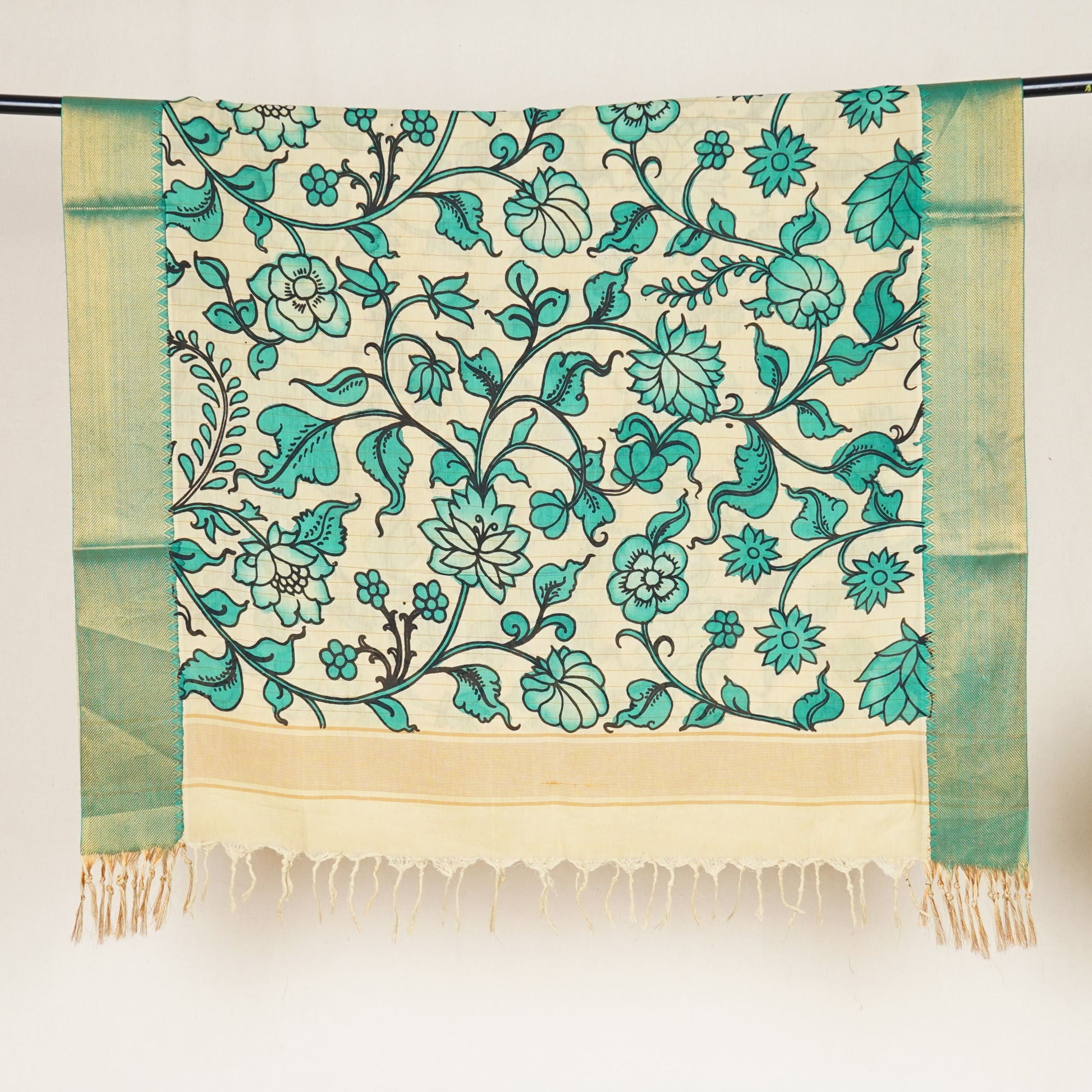 Beige & Green Pen Kalamkari Cotton Silk Dupatta