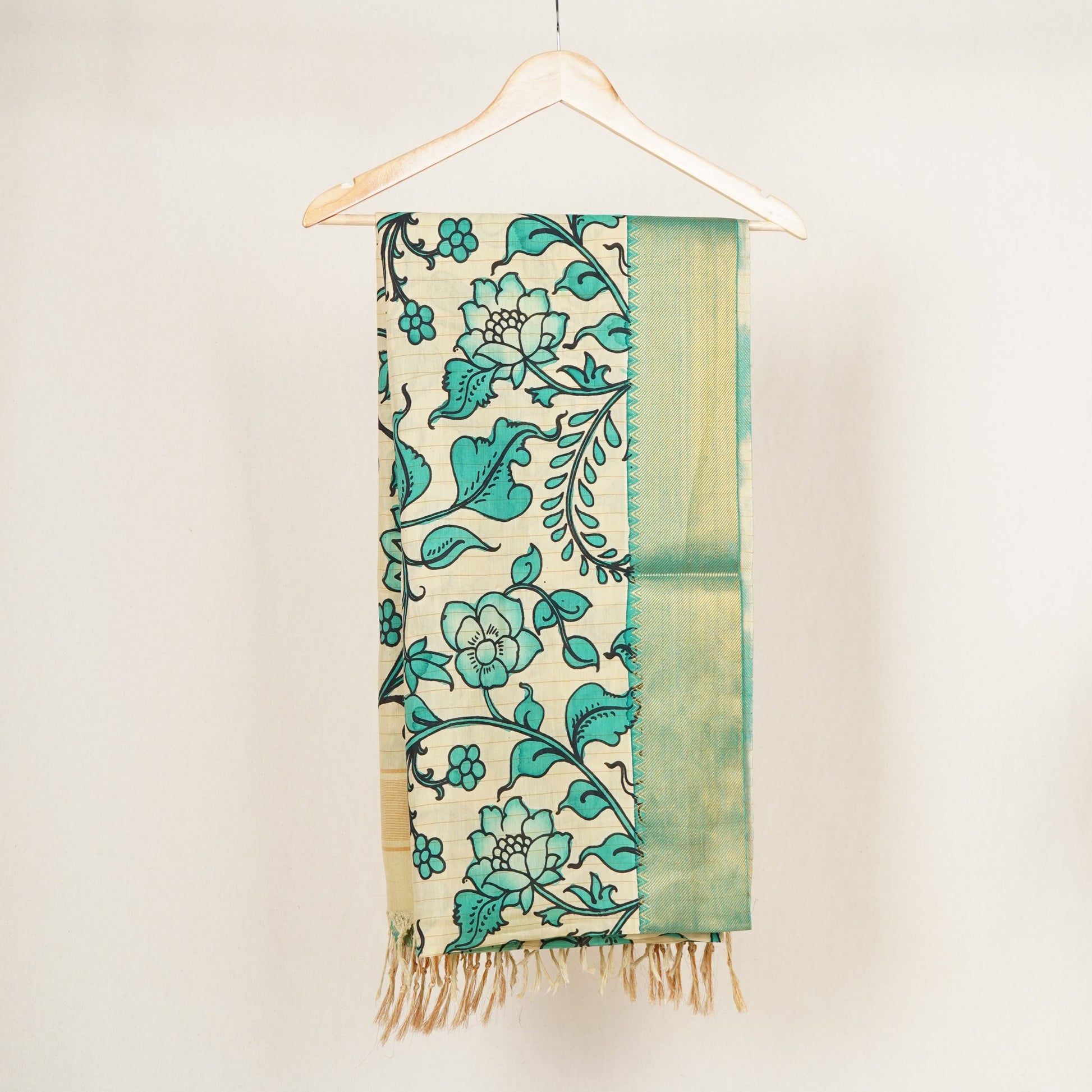 Beige & Green Pen Kalamkari Cotton Silk Dupatta