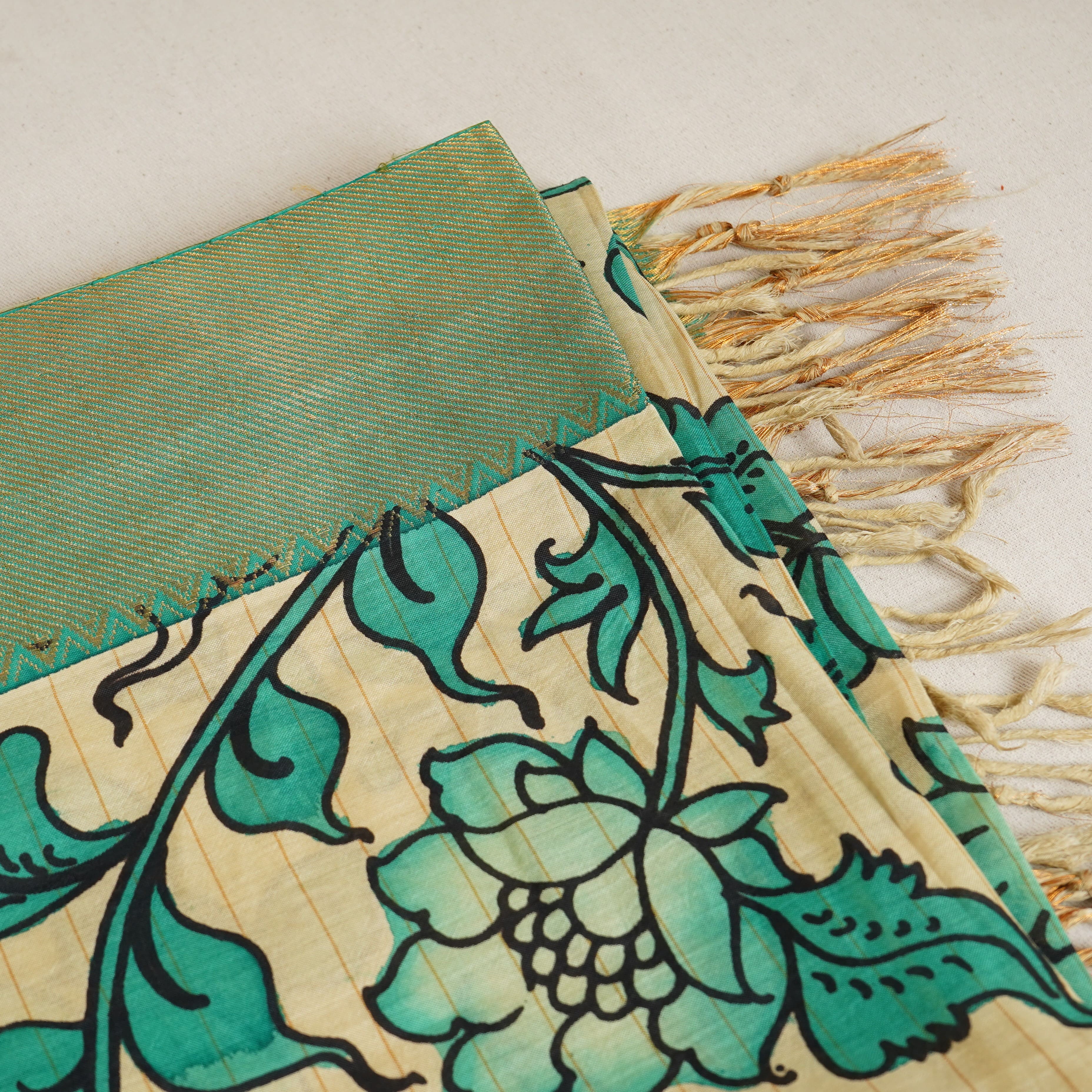 Beige & Green Pen Kalamkari Cotton Silk Dupatta