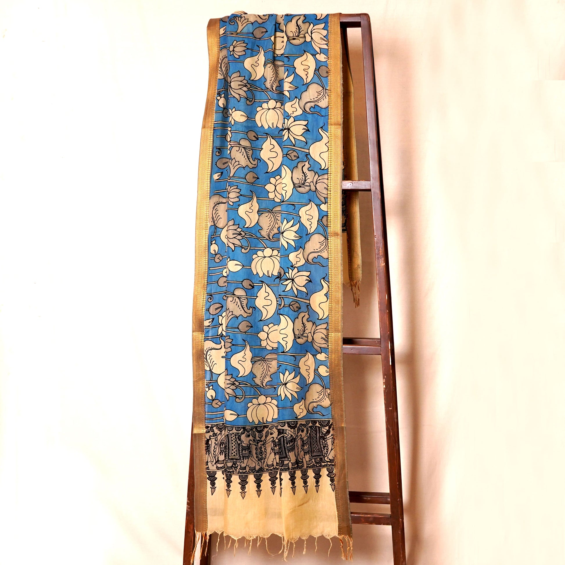 Beige & Blue Pen Kalamkari Cotton Silk Dupatta