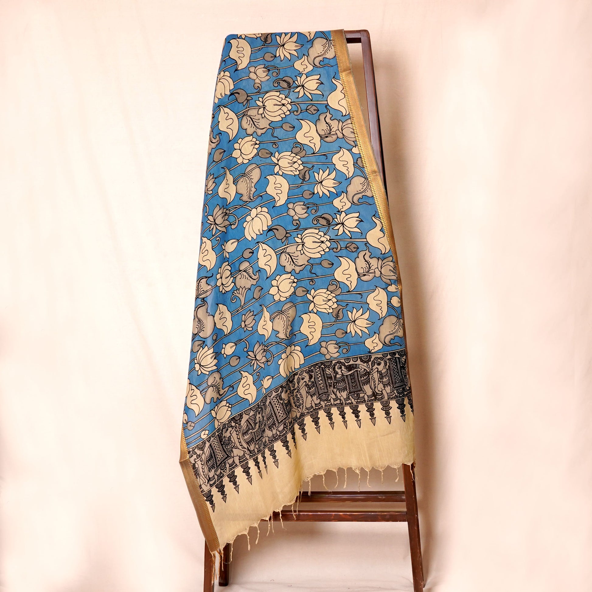 Beige & Blue Pen Kalamkari Cotton Silk Dupatta