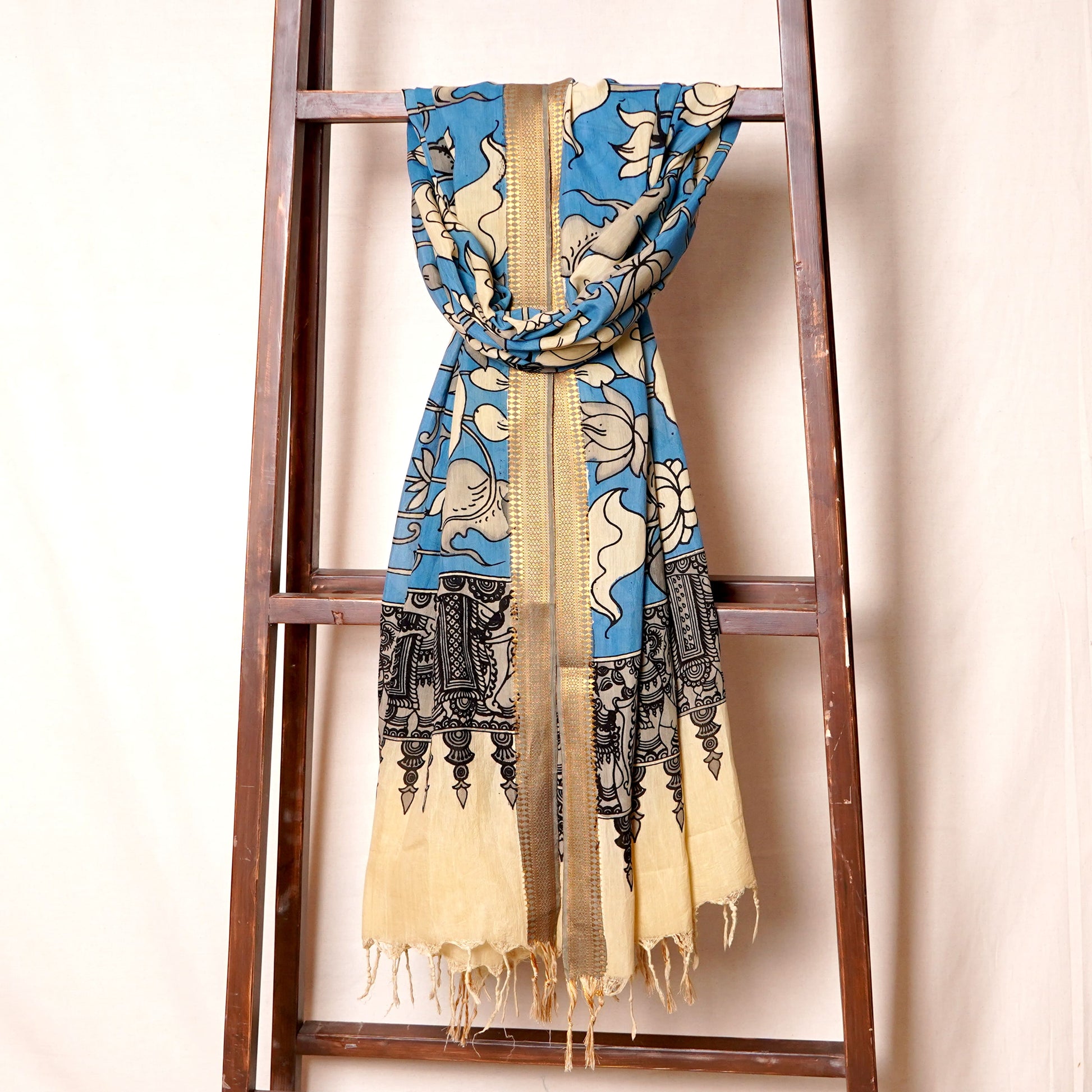 Beige & Blue Pen Kalamkari Cotton Silk Dupatta