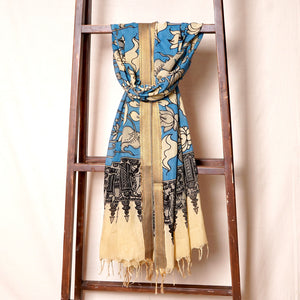 Beige & Blue Pen Kalamkari Cotton Silk Dupatta