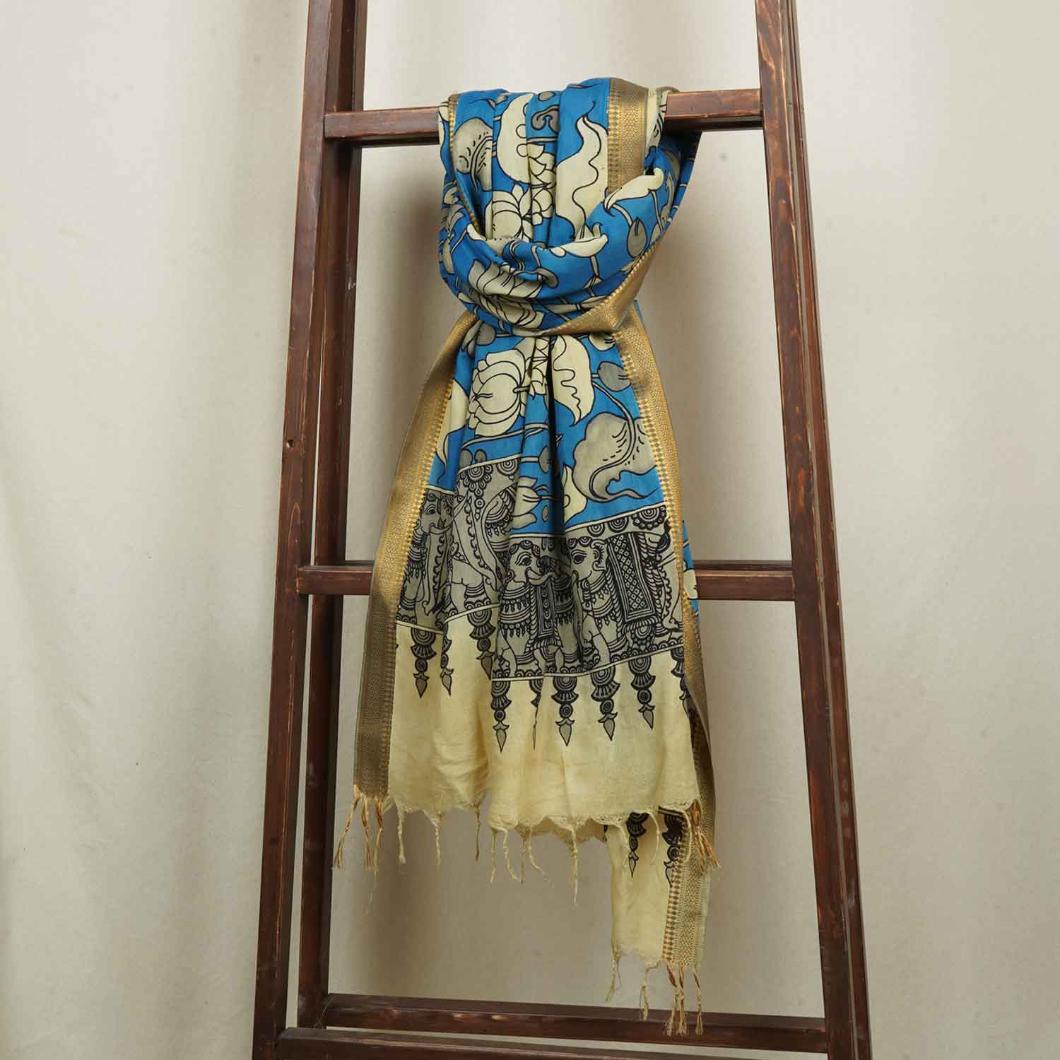 Beige & Blue Pen Kalamkari Cotton Silk Dupatta - TradeUNO