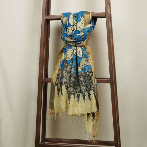 Beige & Blue Pen Kalamkari Cotton Silk Dupatta - TradeUNO