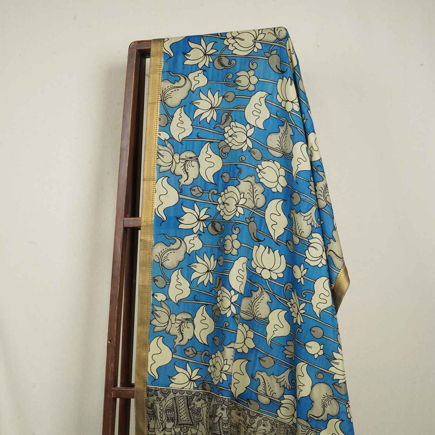 Beige & Blue Pen Kalamkari Cotton Silk Dupatta