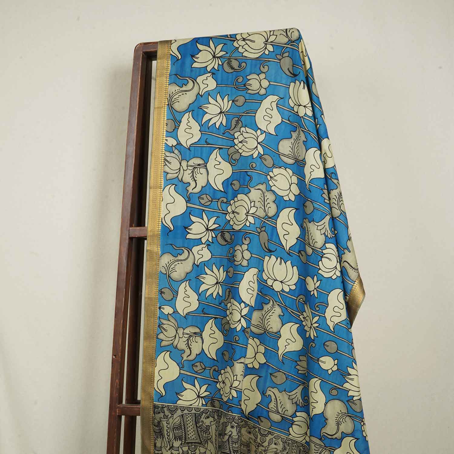Beige & Blue Pen Kalamkari Cotton Silk Dupatta - TradeUNO