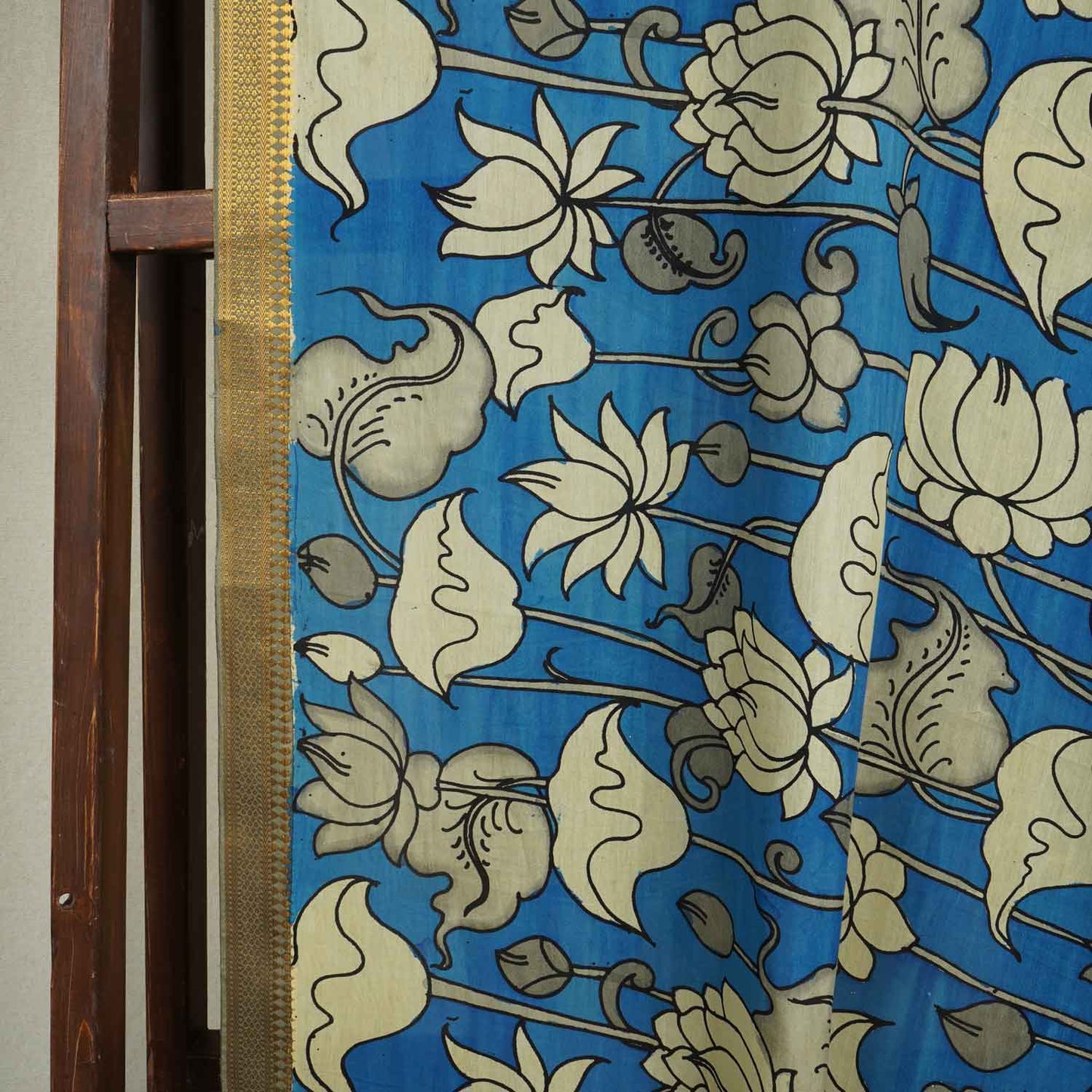 Beige & Blue Pen Kalamkari Cotton Silk Dupatta
