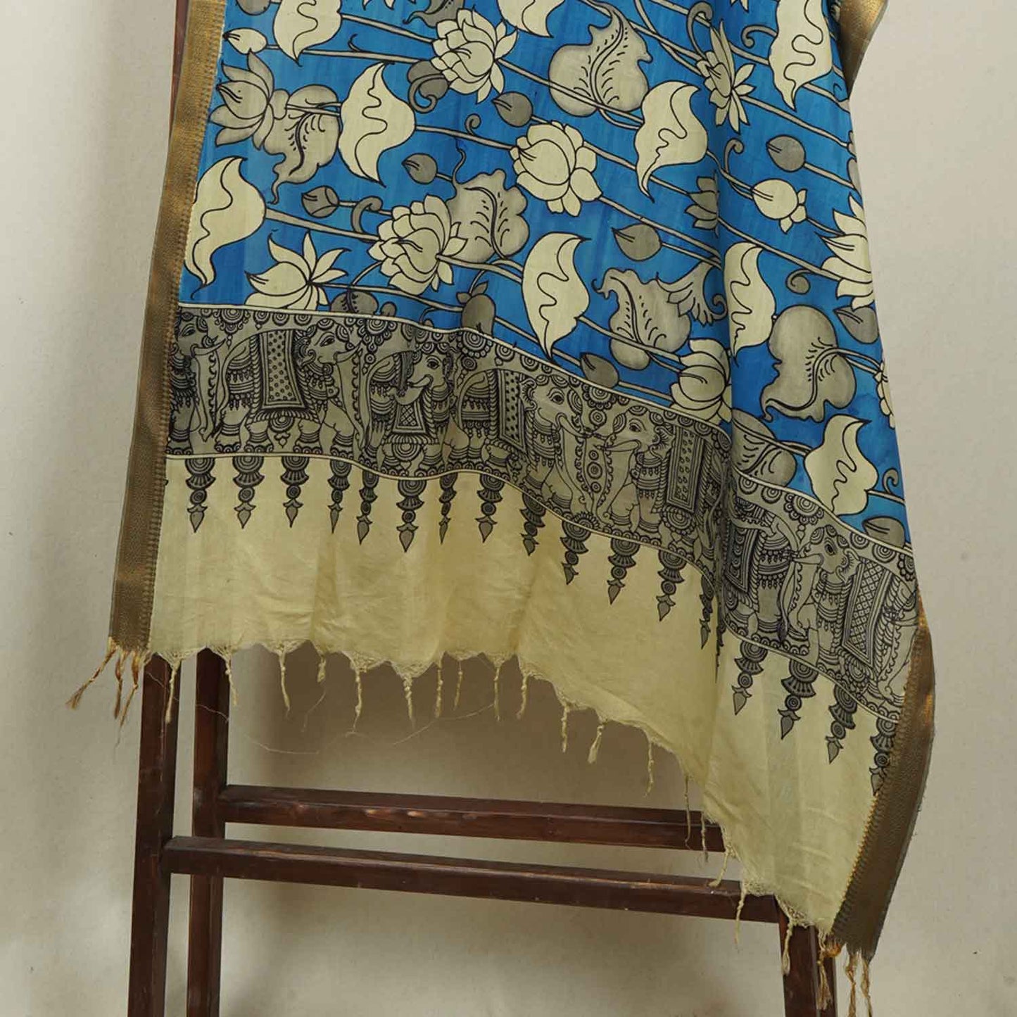 Beige & Blue Pen Kalamkari Cotton Silk Dupatta