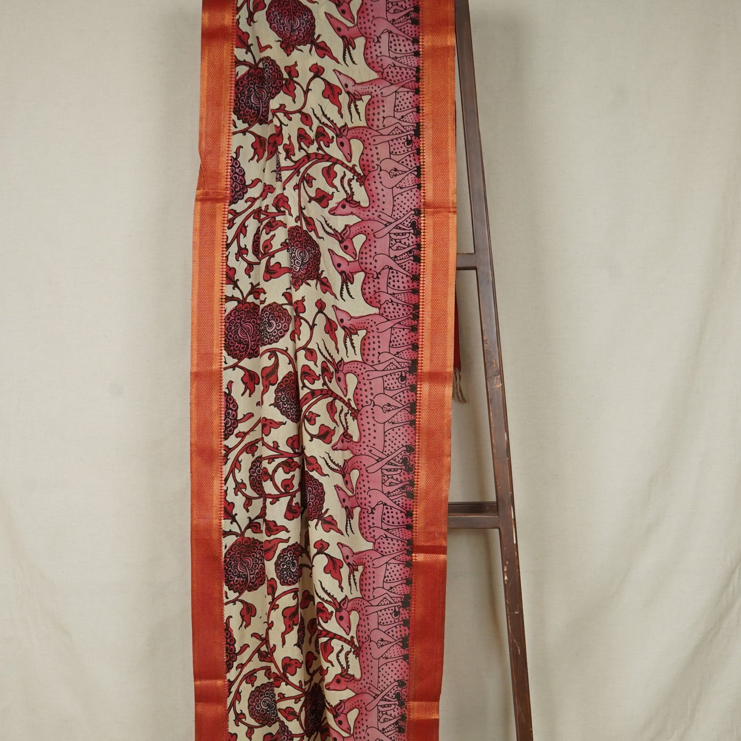 Pink & Beige Pen Kalamkari Cotton Silk Dupatta