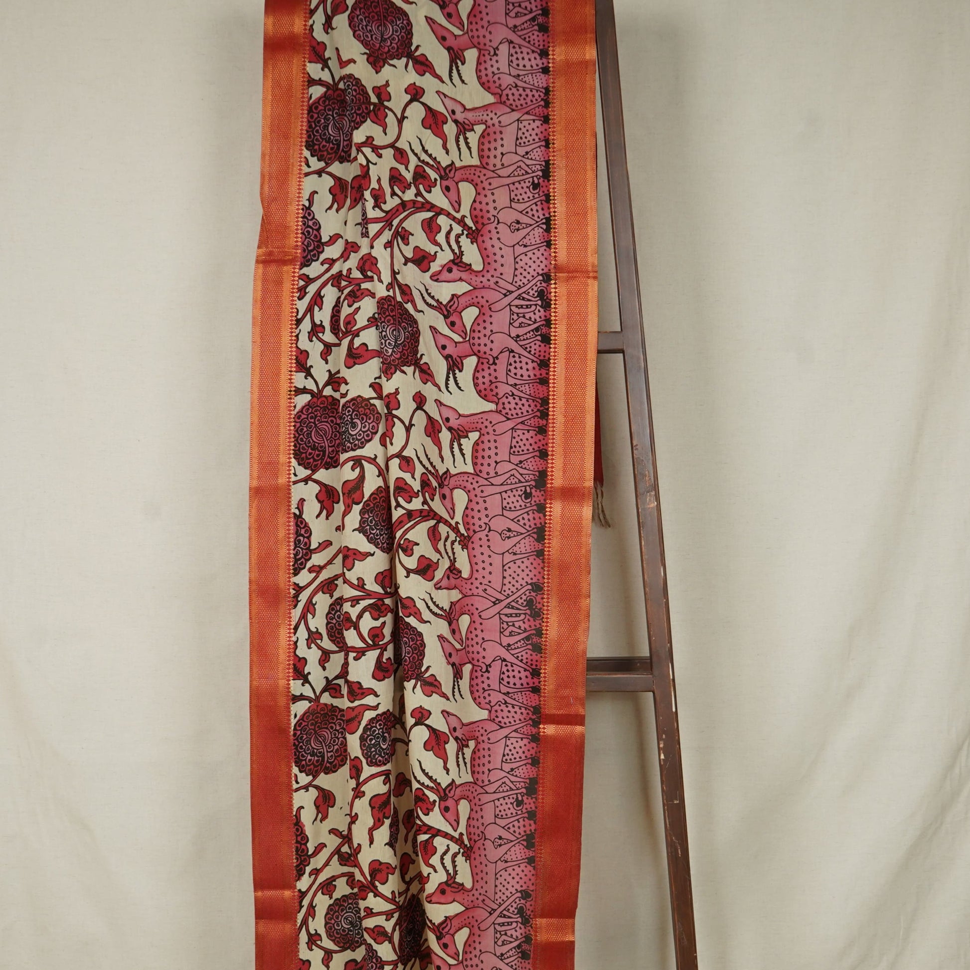 Pink & Beige Pen Kalamkari Cotton Silk Dupatta