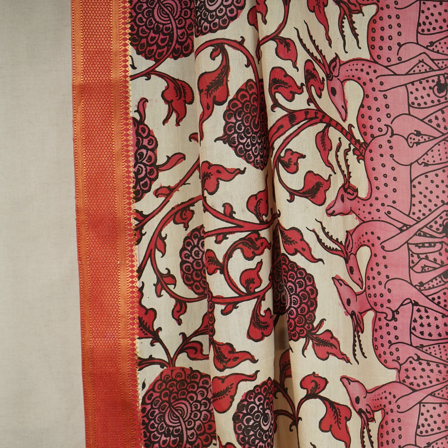 Pink & Beige Pen Kalamkari Cotton Silk Dupatta