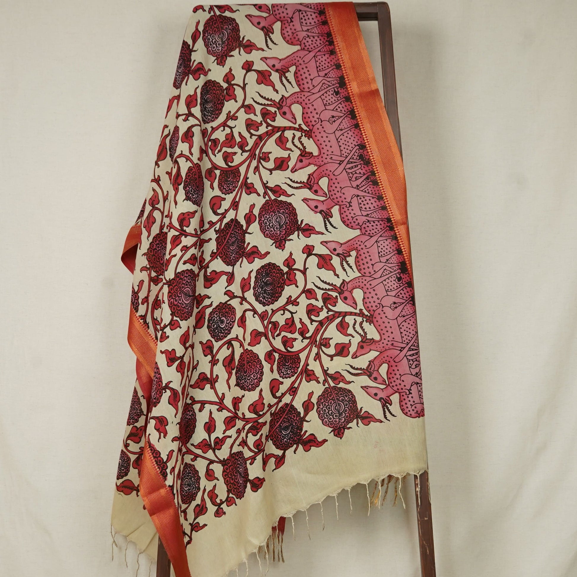 Pink & Beige Pen Kalamkari Cotton Silk Dupatta