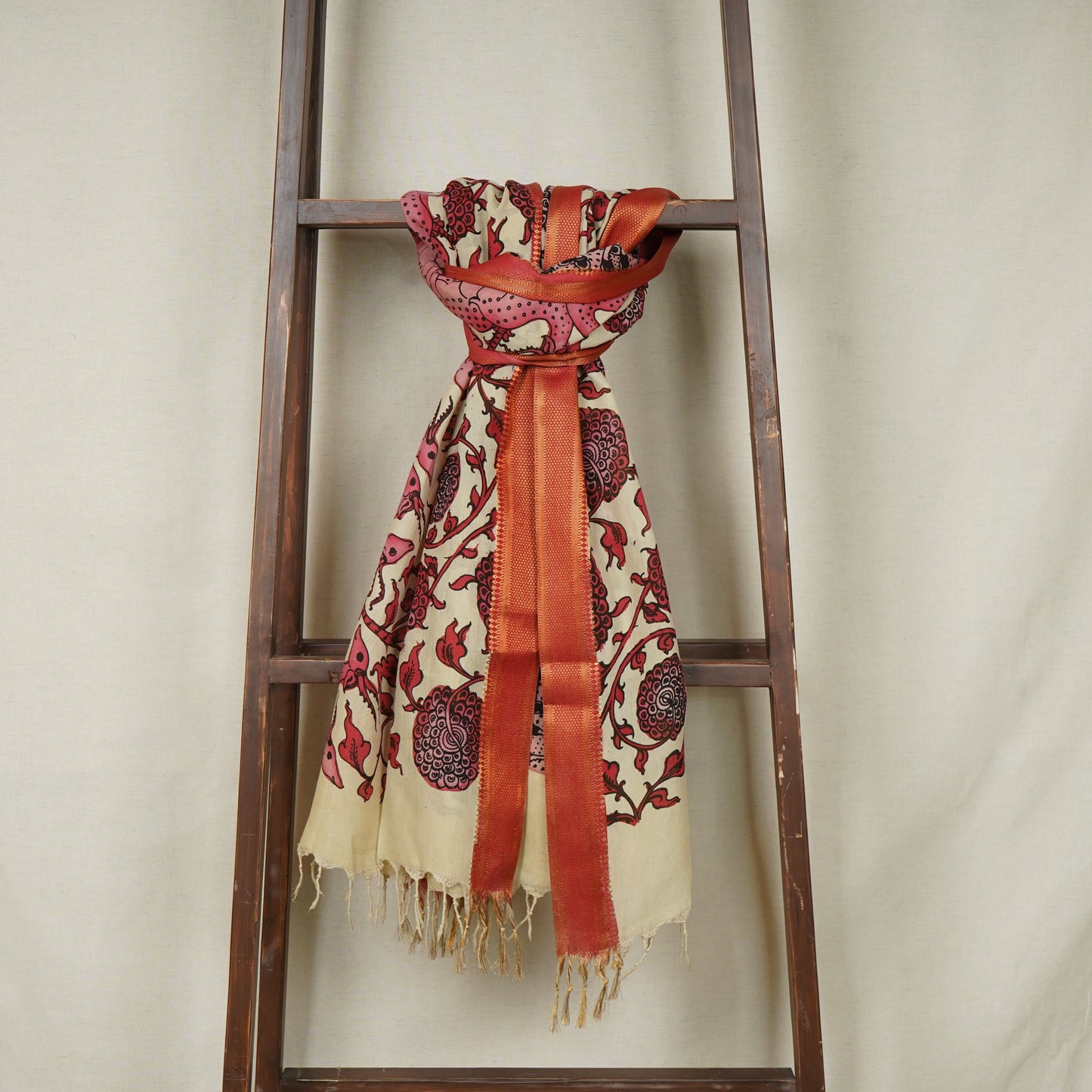 Pink & Beige Pen Kalamkari Cotton Silk Dupatta