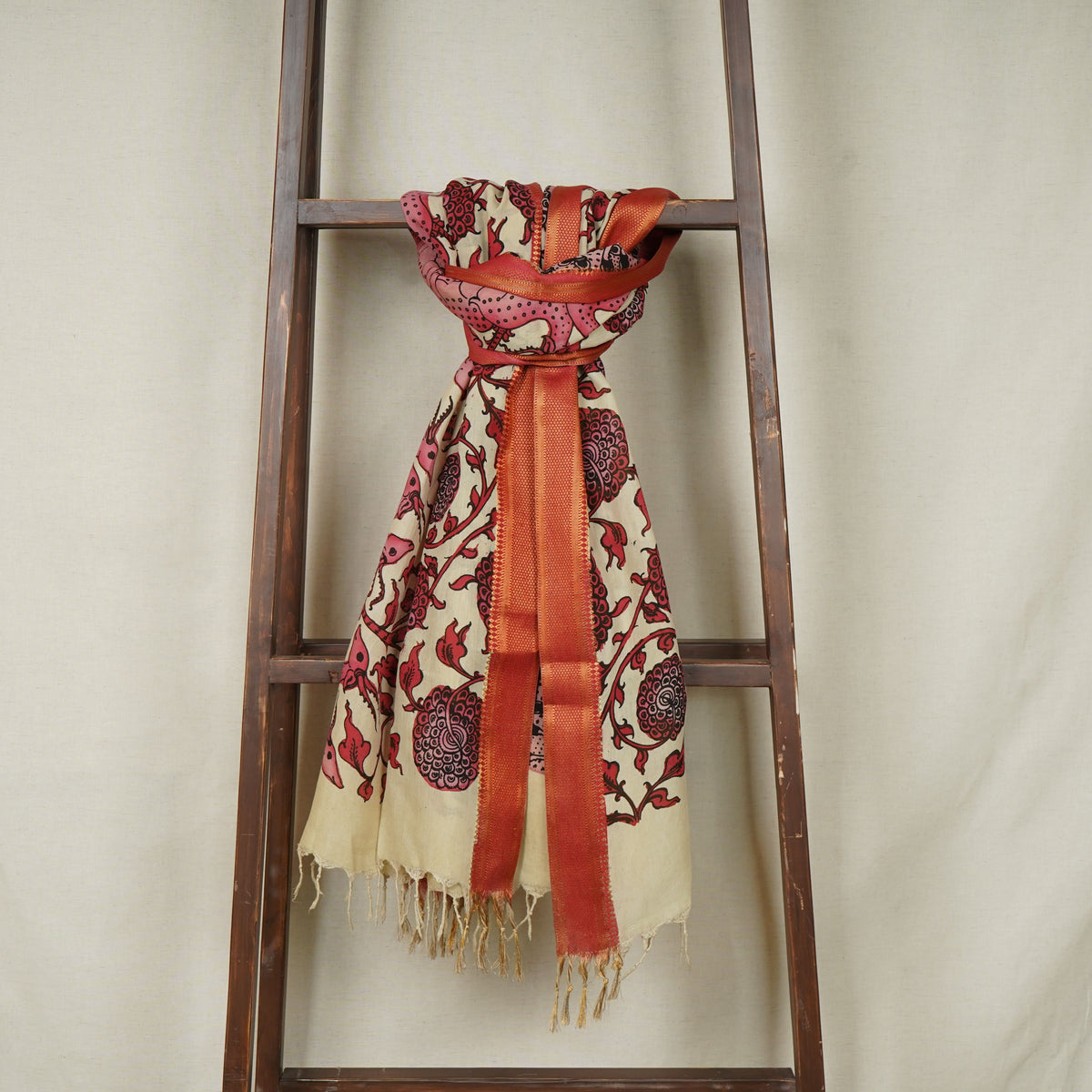 Pink & Beige Pen Kalamkari Cotton Silk Dupatta