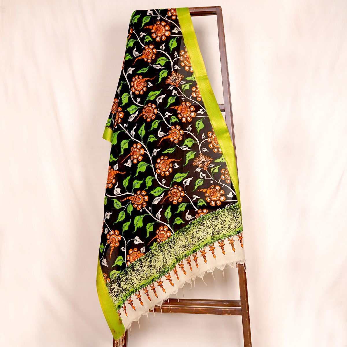 Black & Green Pen Kalamkari Cotton Silk Dupatta