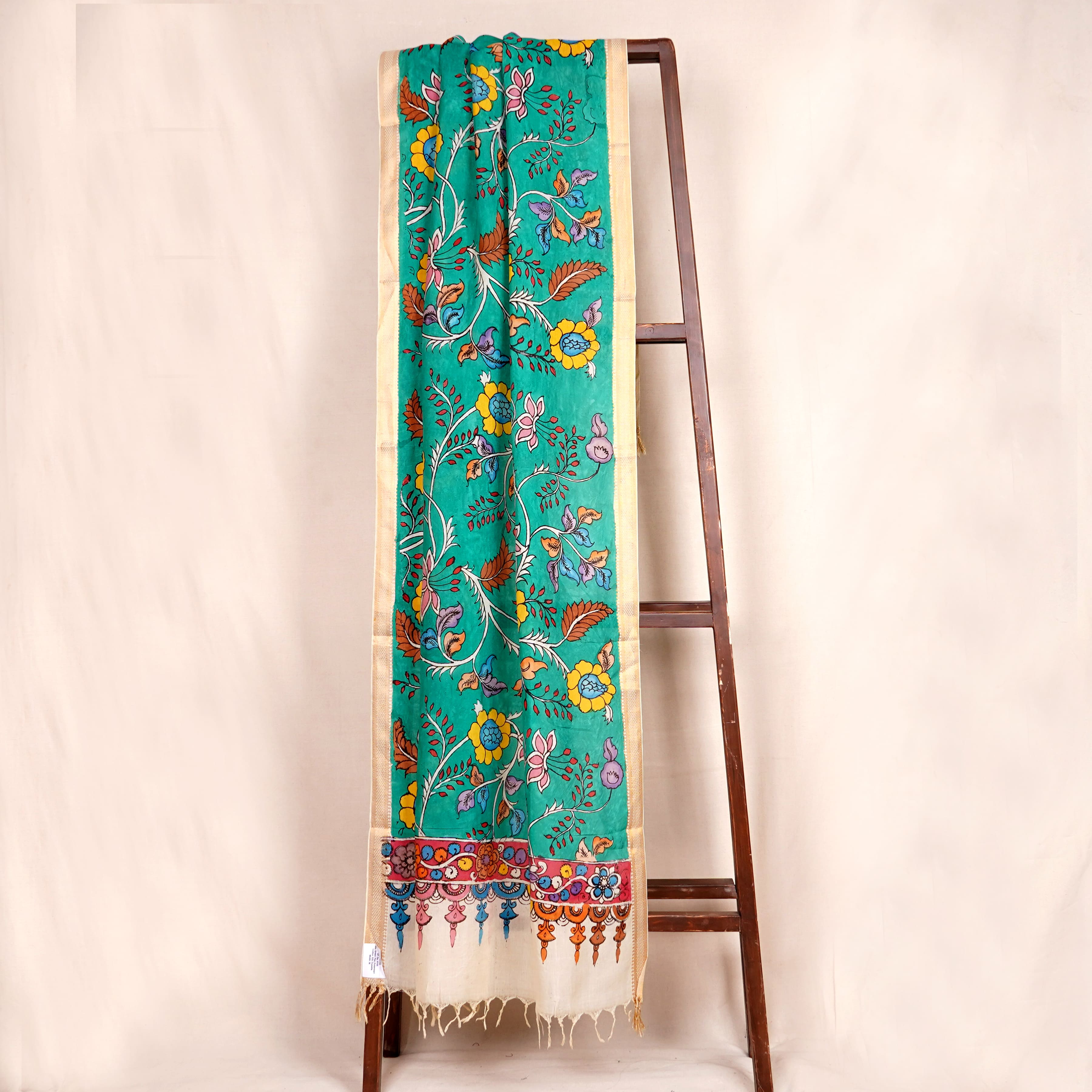 Sea Green Pen Kalamkari Cotton Silk Dupatta