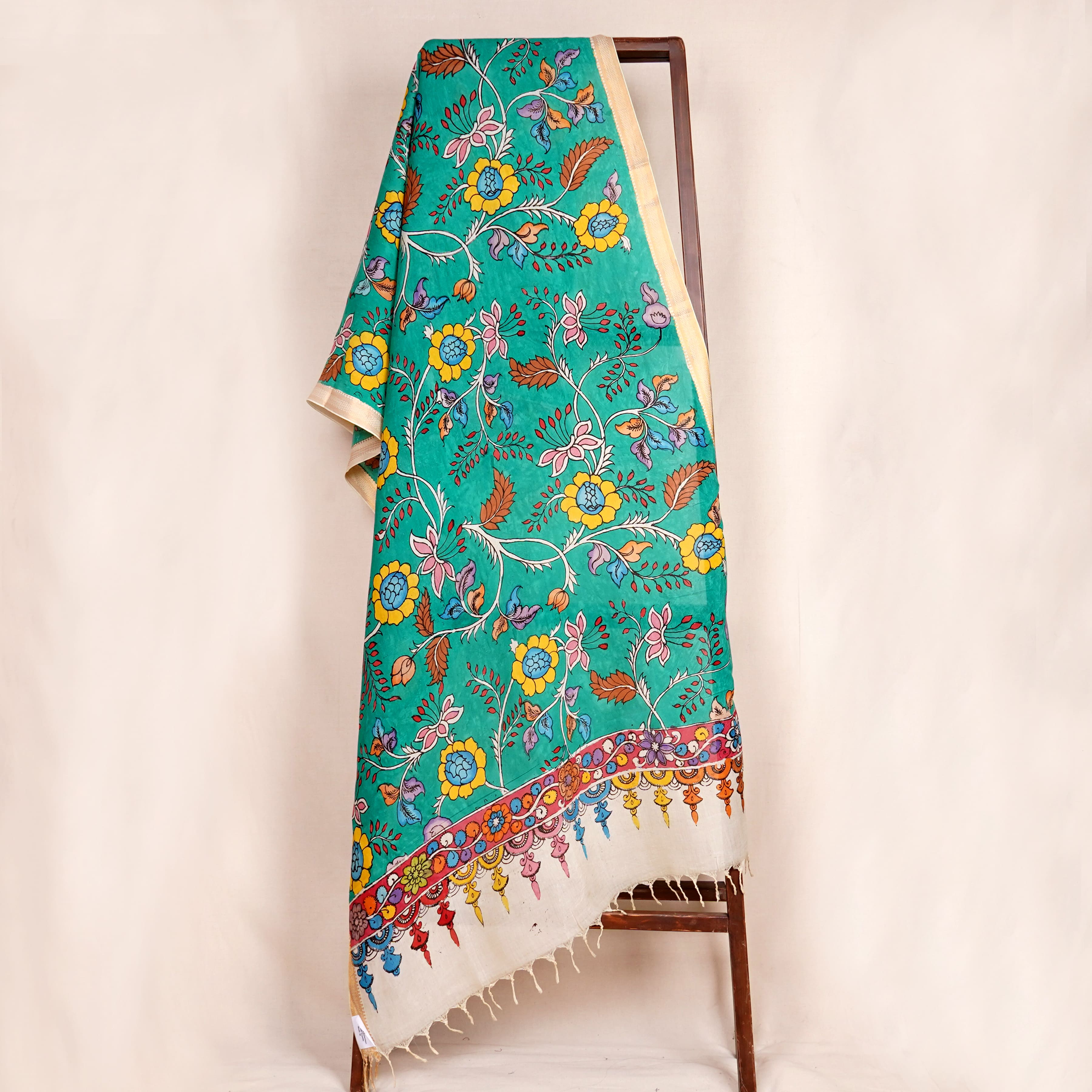 Sea Green Pen Kalamkari Cotton Silk Dupatta