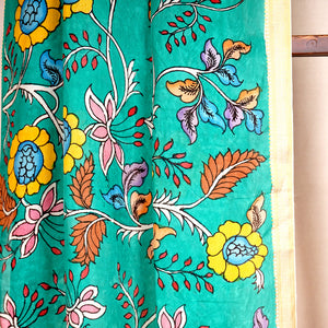 Sea Green Pen Kalamkari Cotton Silk Dupatta