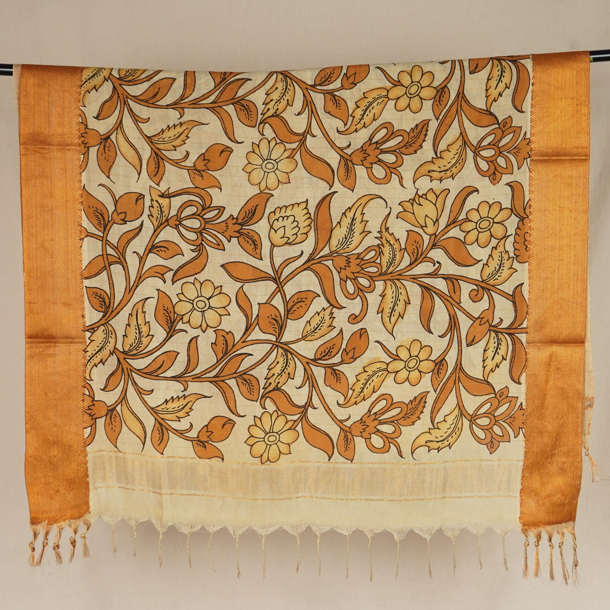 Beige & Brown Pen Kalamkari Cotton Silk Dupatta