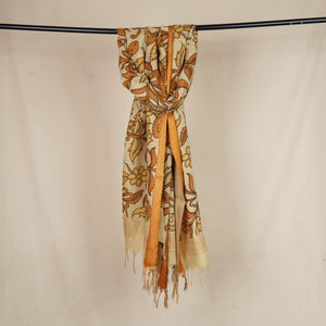 Beige & Brown Pen Kalamkari Cotton Silk Dupatta