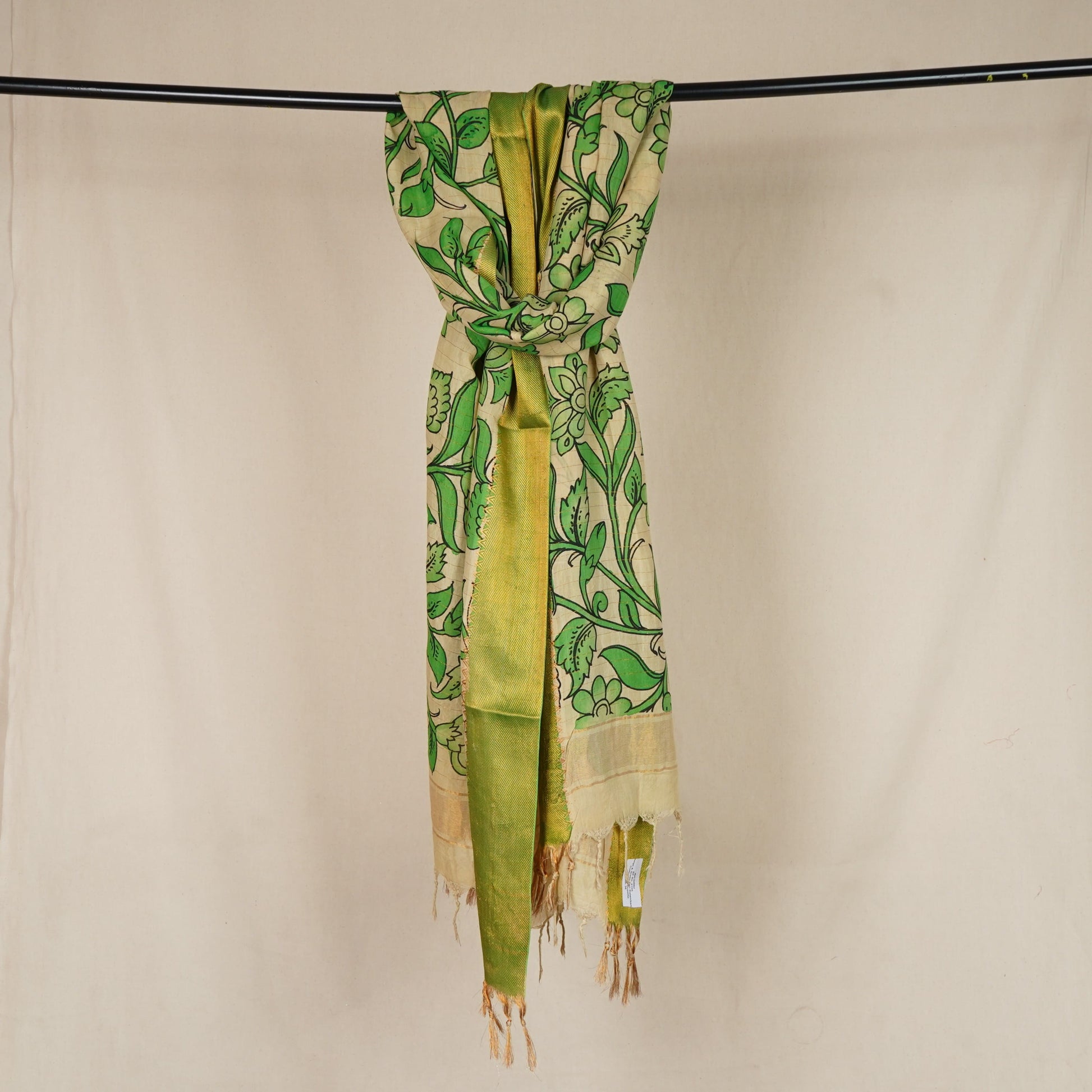 Beige & Green Pen Kalamkari Cotton Silk Dupatta