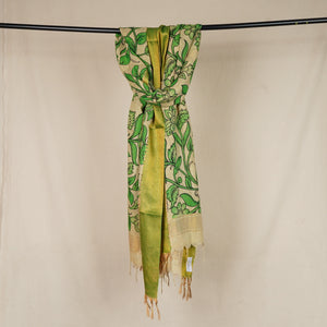 Beige & Green Pen Kalamkari Cotton Silk Dupatta