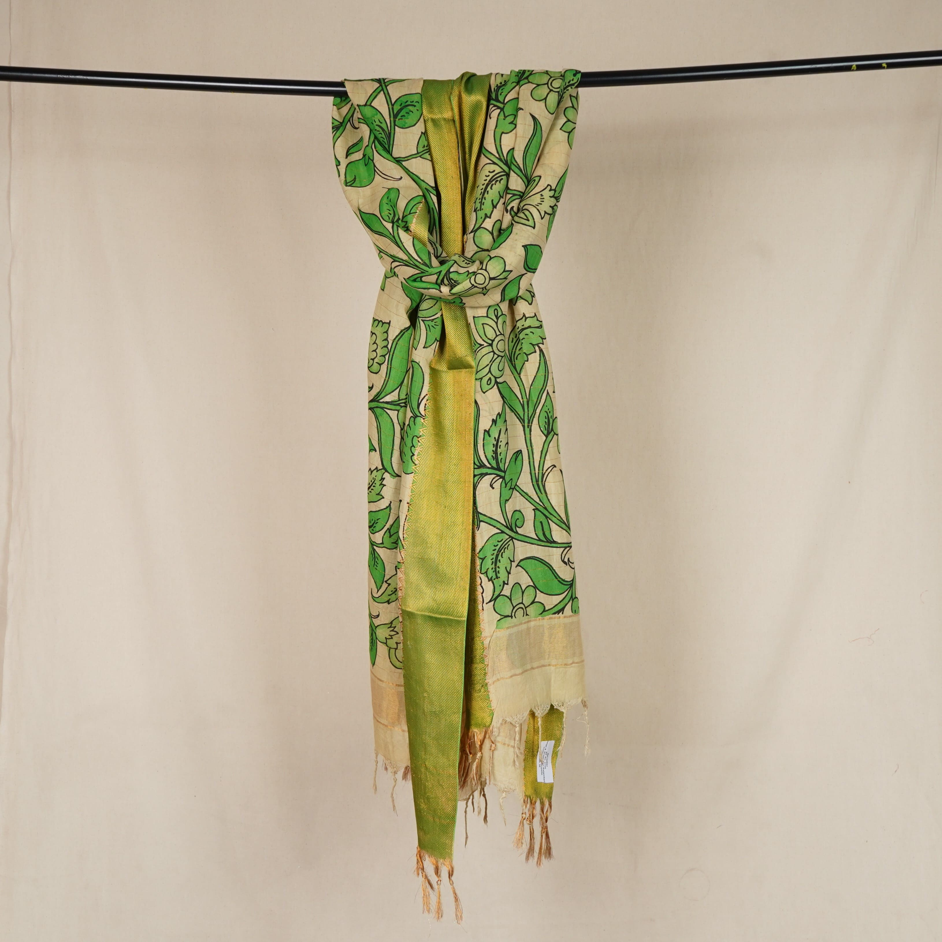 Beige & Green Pen Kalamkari Cotton Silk Dupatta