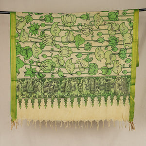 Beige & Green Pen Kalamkari Cotton Silk Dupatta