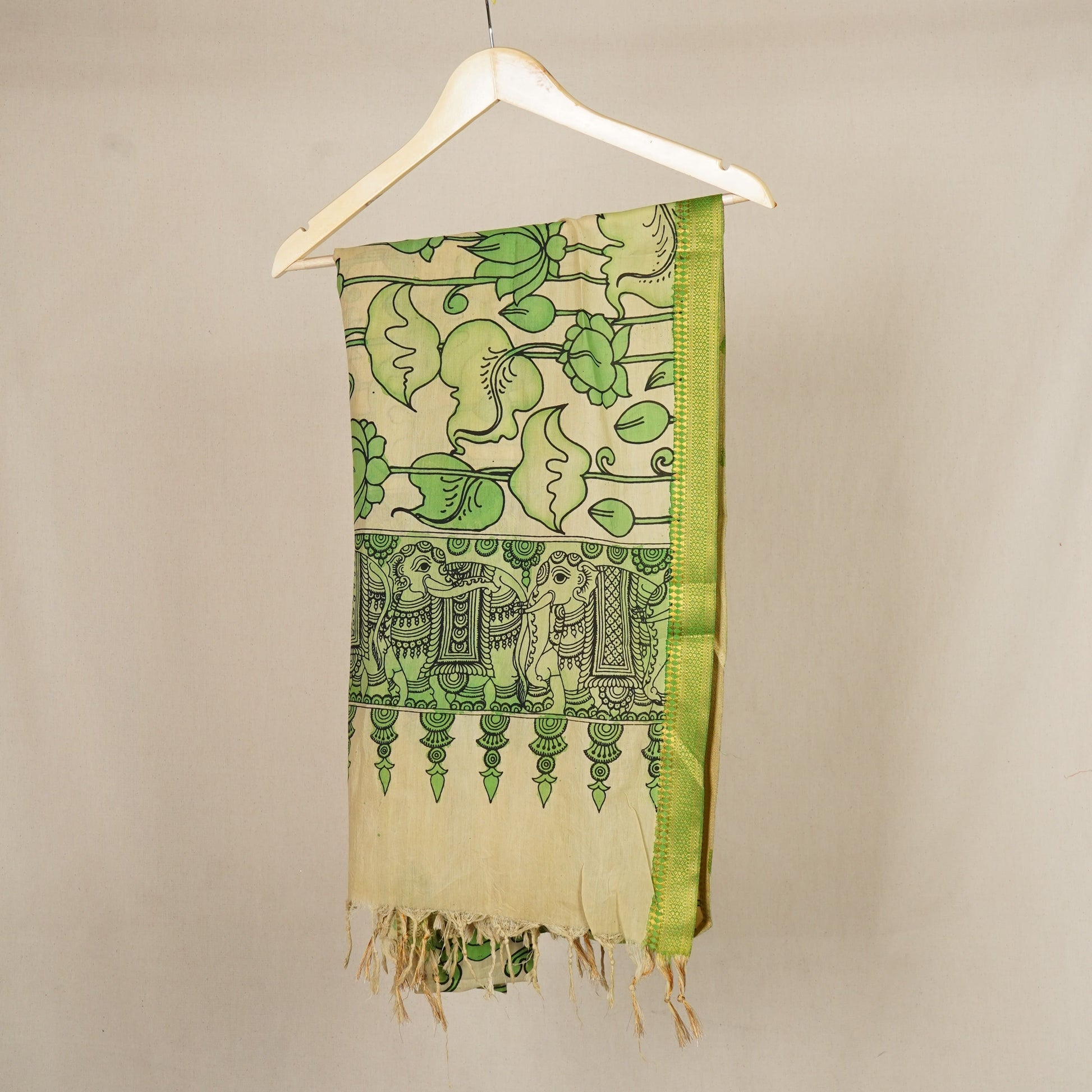 Beige & Green Pen Kalamkari Cotton Silk Dupatta